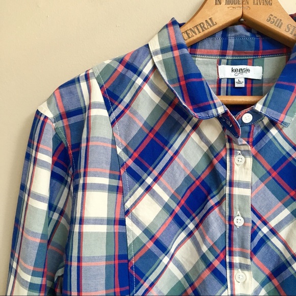 Kensie Jeans plaid buttondown peplum shirt - Picture 2 of 4